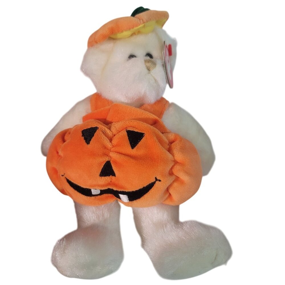 Ty Beanie Babies Attic Treasures Collection Carver Plush Bear Pumpkin Outfit NEW